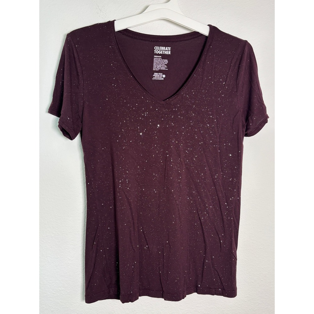 Celebrate Together Womens Medium Burgundy Glitter V-Neck Short Sleeve T-Shirt